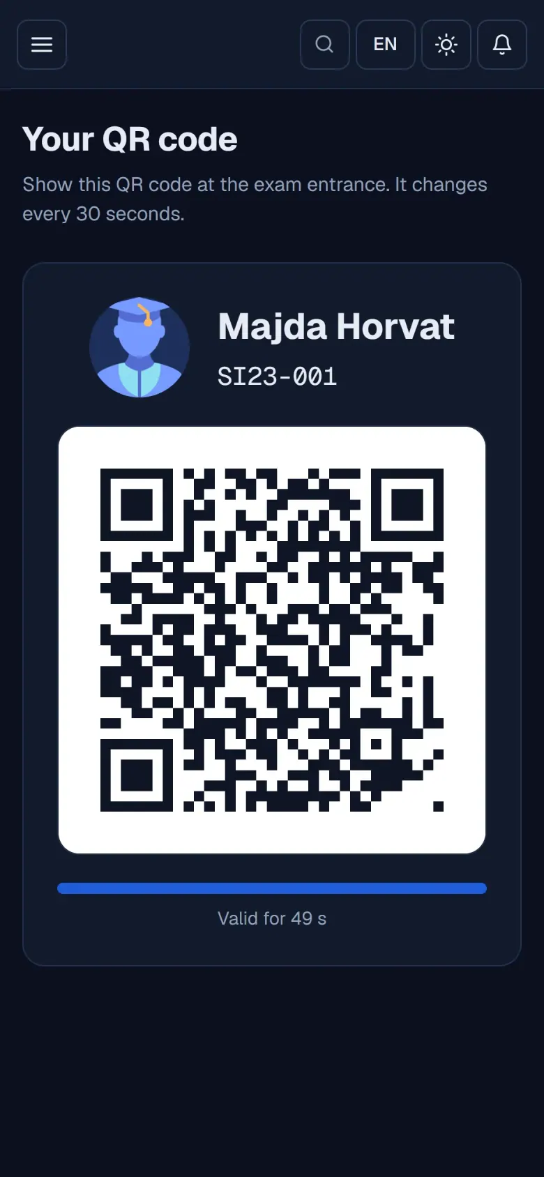 Persönlicher QR-Code eines Studierenden auf dem Handy
