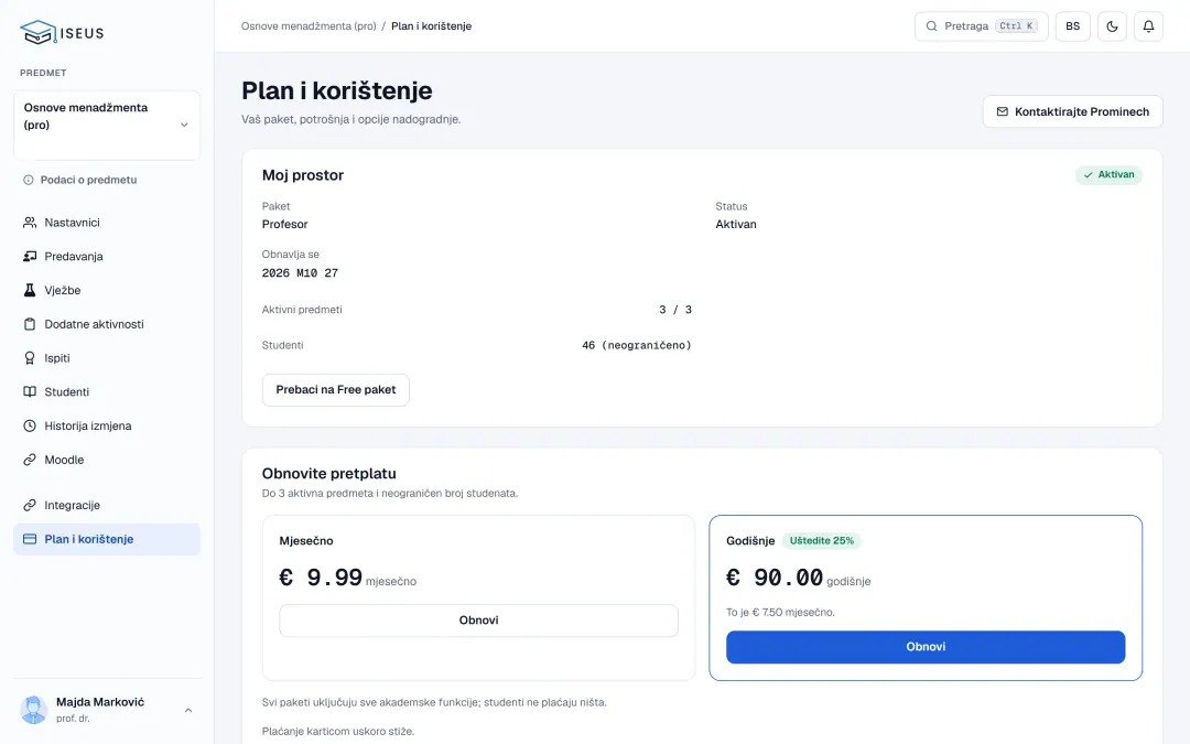Plan i potrošnja: aktivni predmeti, broj studenata i mjesečna ili godišnja pretplata