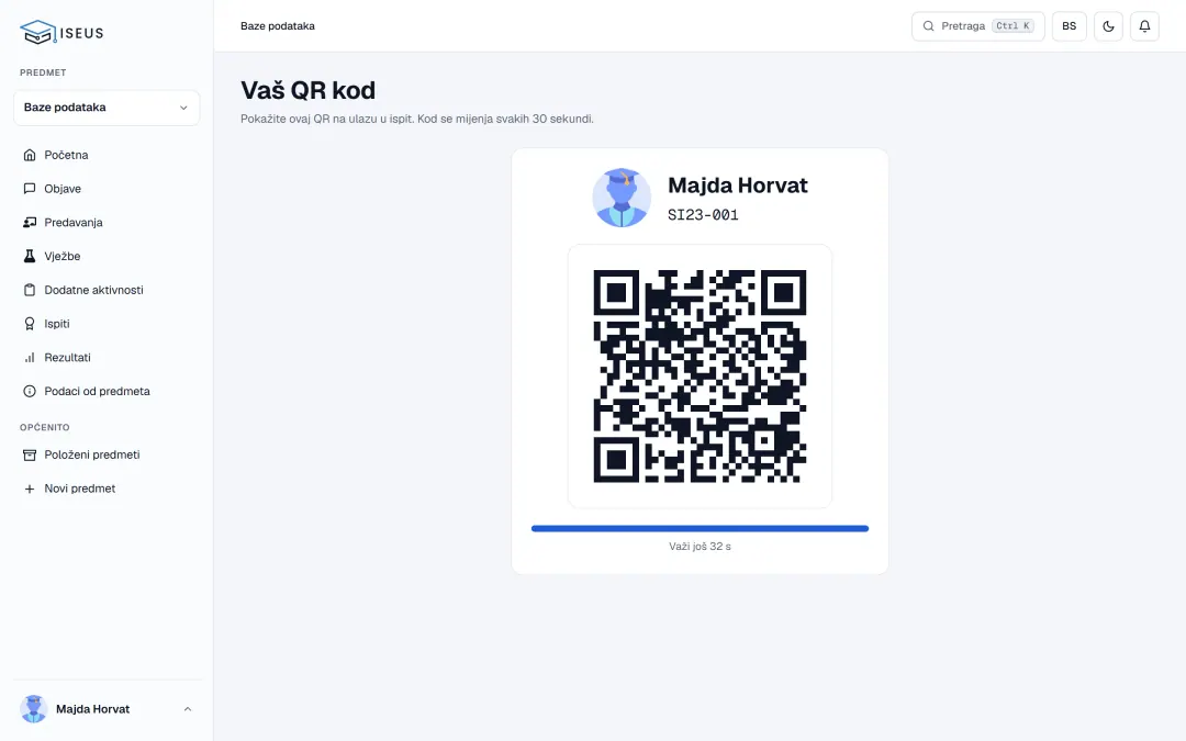 Lični QR kod studenta za ulazak na ispit koji se mijenja svakih 30 sekundi