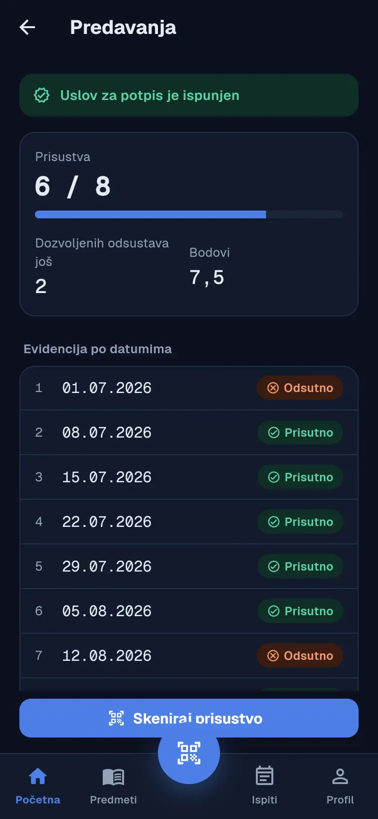Predavanja i prisustvo u studentskoj aplikaciji