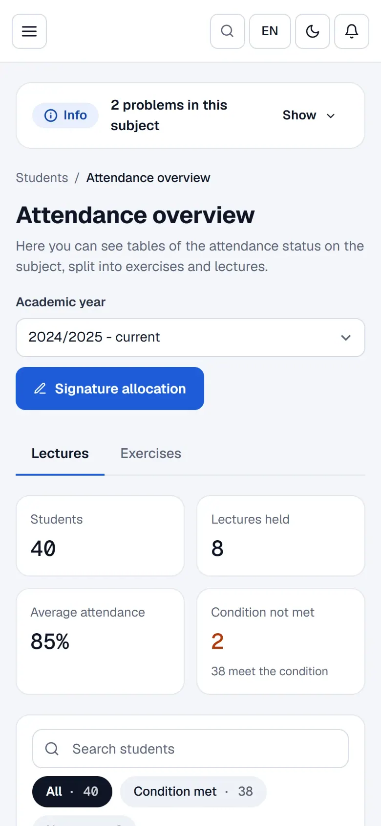 Anwesenheitsübersicht mit Testat-Bedingung je Studierendem auf dem Handy
