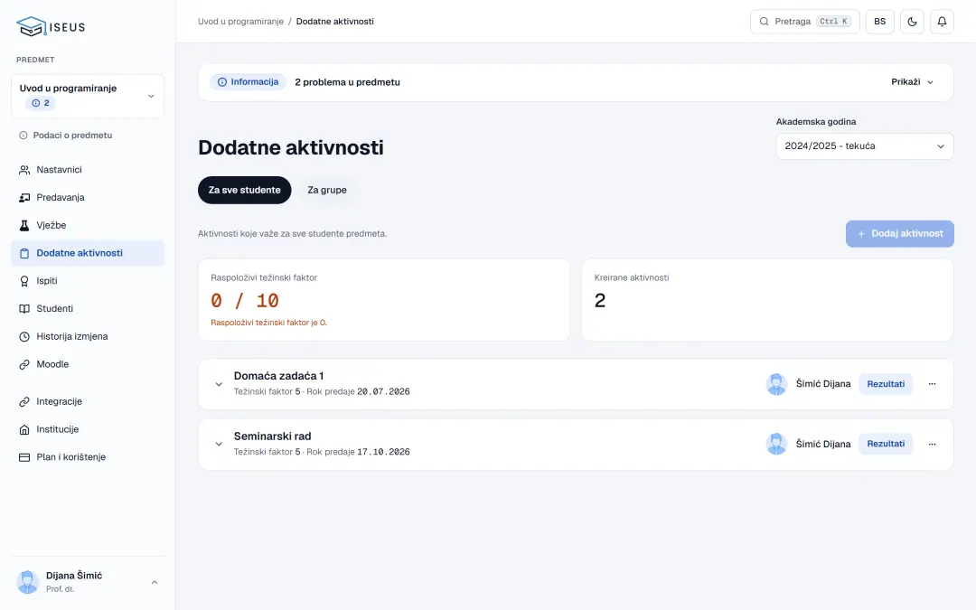 Aktivnosti predmeta s raspoloživim udjelom, rokovima i rezultatima