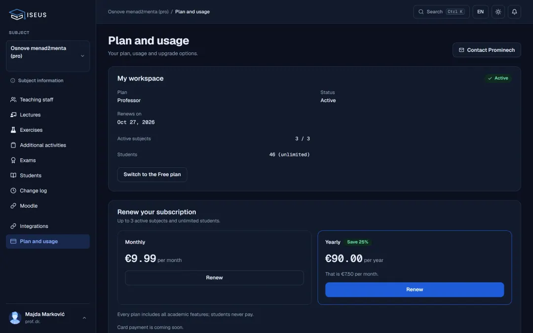 Plan and usage: active courses, student count and monthly or yearly subscription
