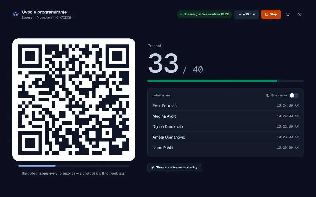 QR-Code der Vorlesung im Vollbild, während der Scan läuft