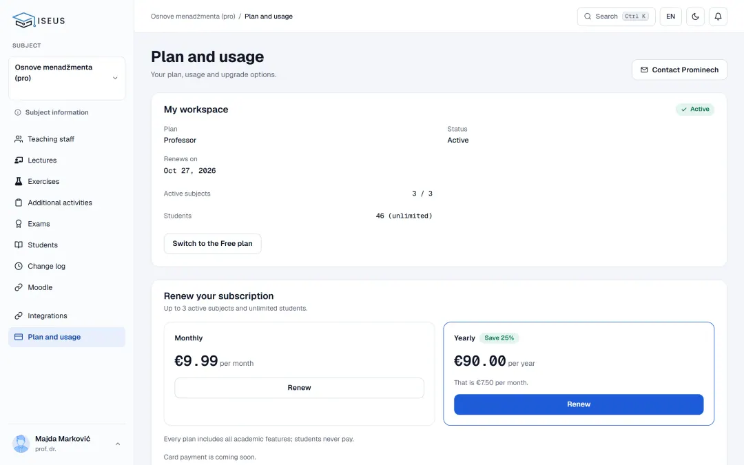 Plan and usage: active courses, student count and monthly or yearly subscription