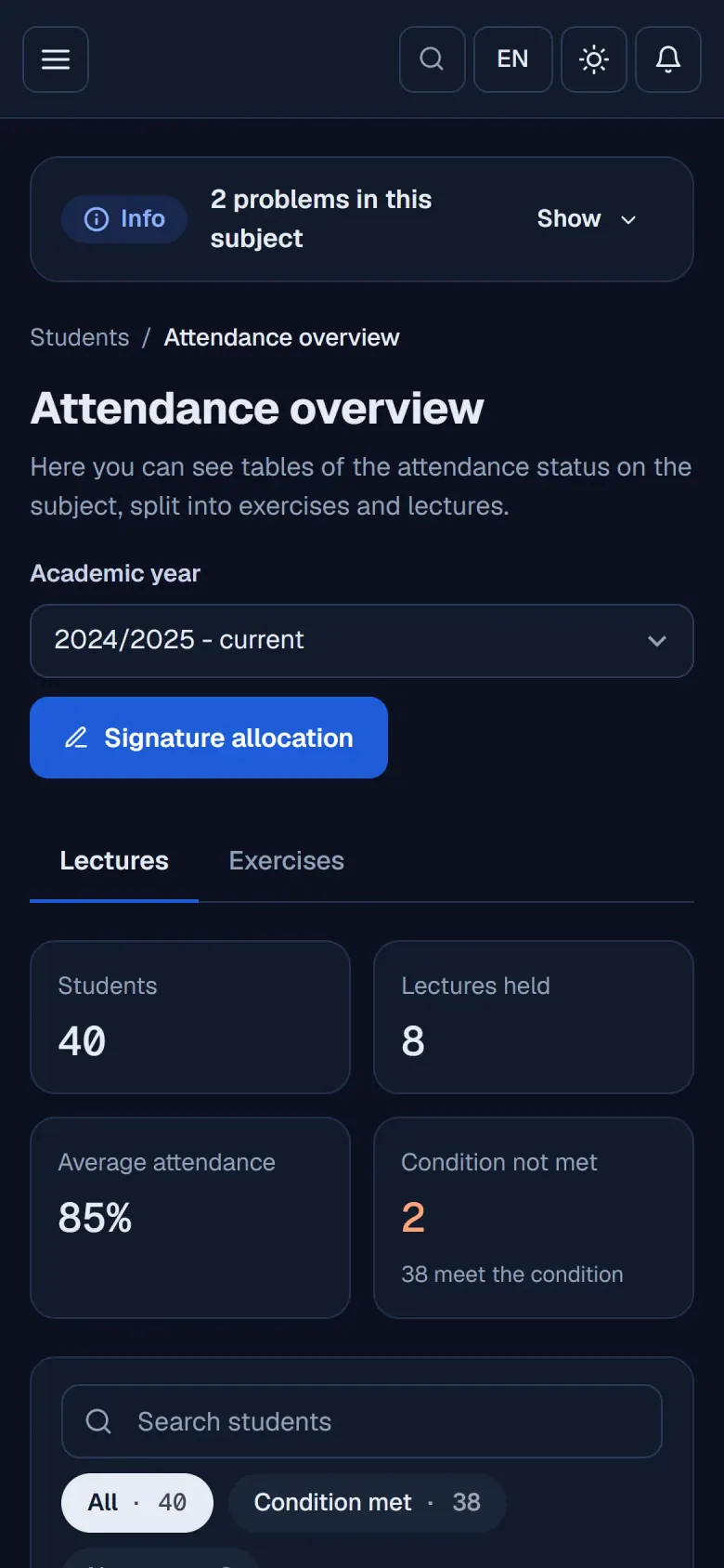 Anwesenheitsübersicht mit Testat-Bedingung je Studierendem auf dem Handy