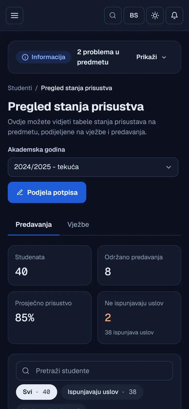 Pregled prisustva s uslovom za potpis po studentu na telefonu