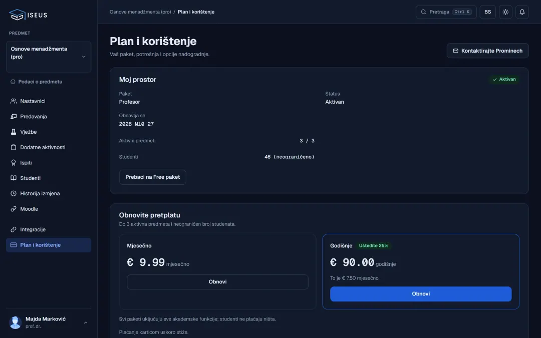 Plan i potrošnja: aktivni predmeti, broj studenata i mjesečna ili godišnja pretplata