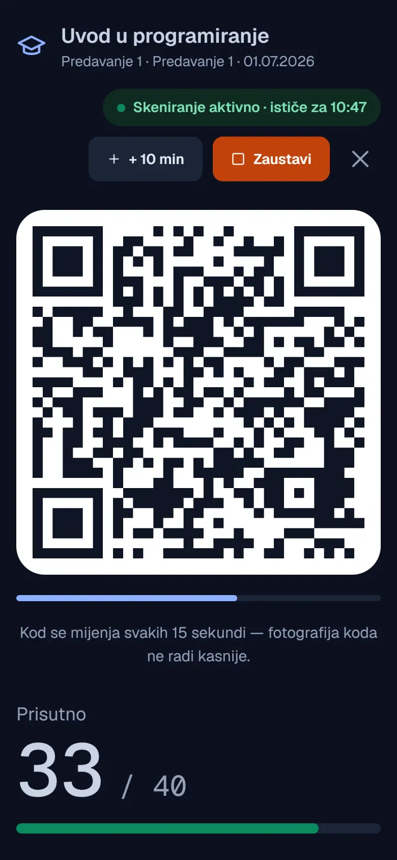QR kod za prisustvo preko cijelog ekrana telefona