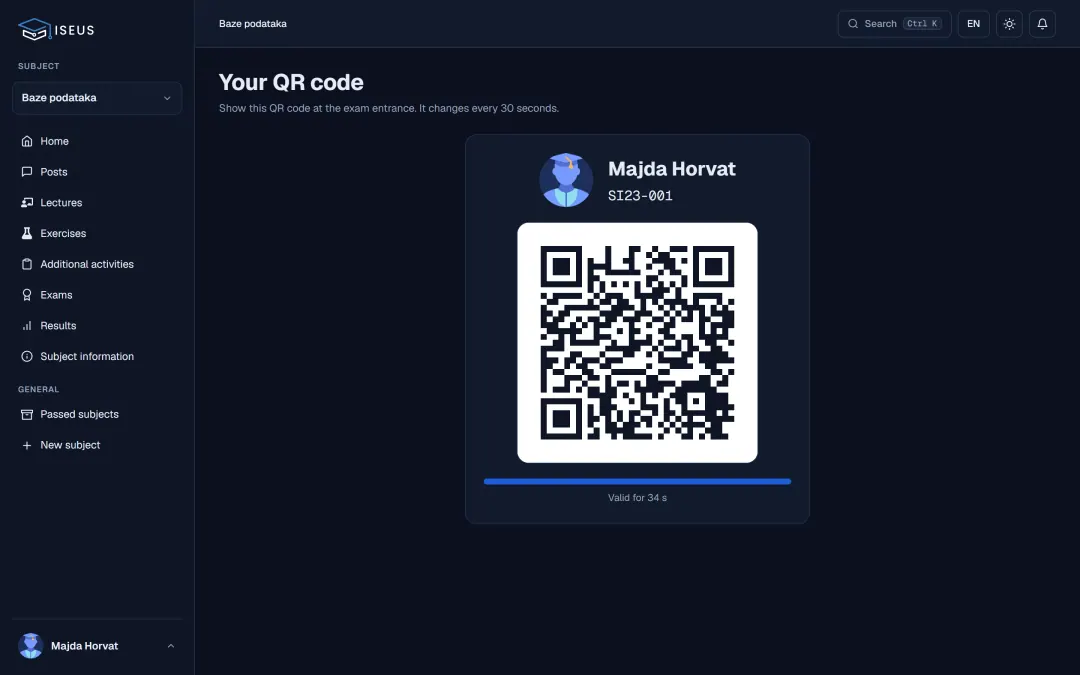 A student’s personal QR code for exam entry, refreshed every 30 seconds