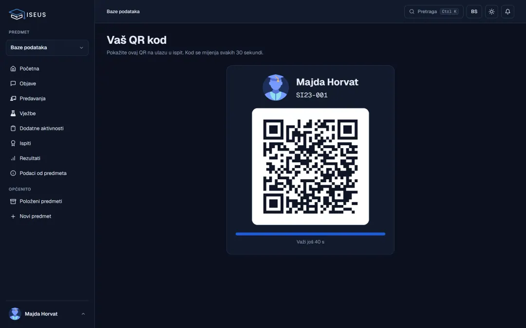 Lični QR kod studenta za ulazak na ispit koji se mijenja svakih 30 sekundi