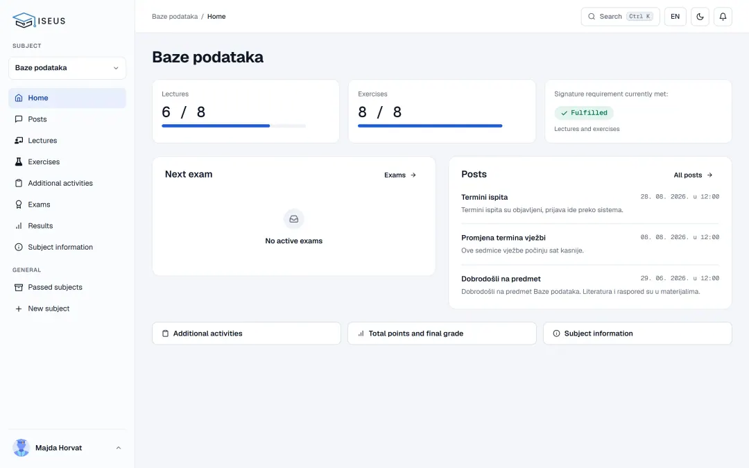 Startseite für Studierende: Anwesenheit, Testat, nächste Prüfung und Mitteilungen