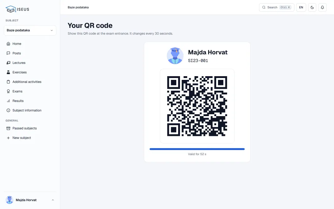 A student’s personal QR code for exam entry, refreshed every 30 seconds