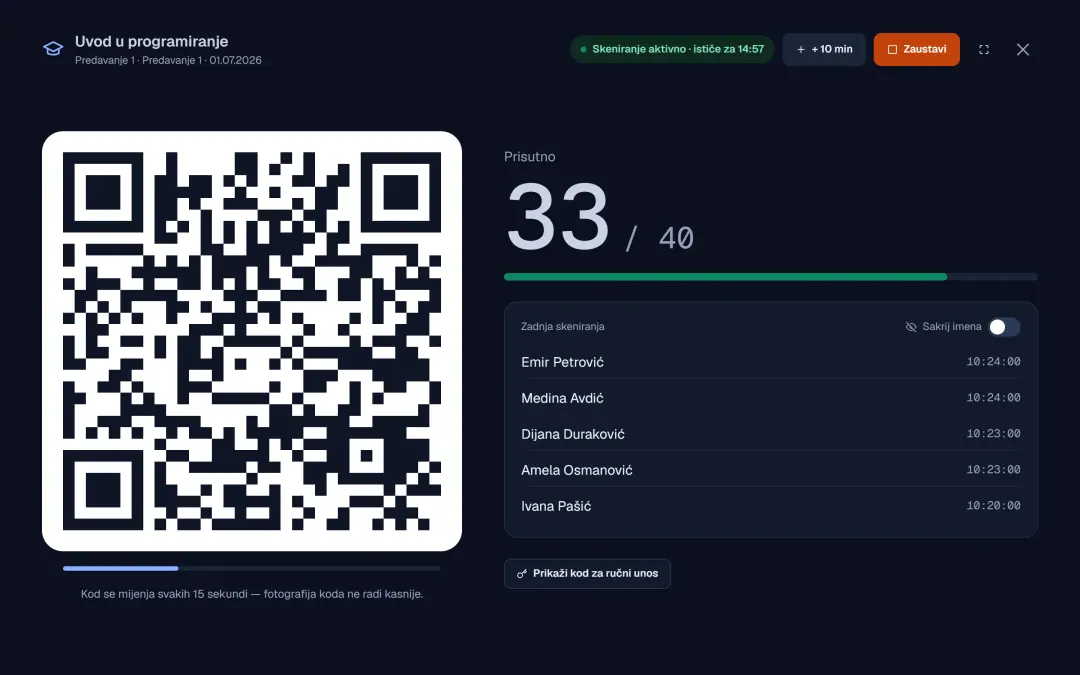 QR kod predavanja preko cijelog ekrana dok je skeniranje uključeno