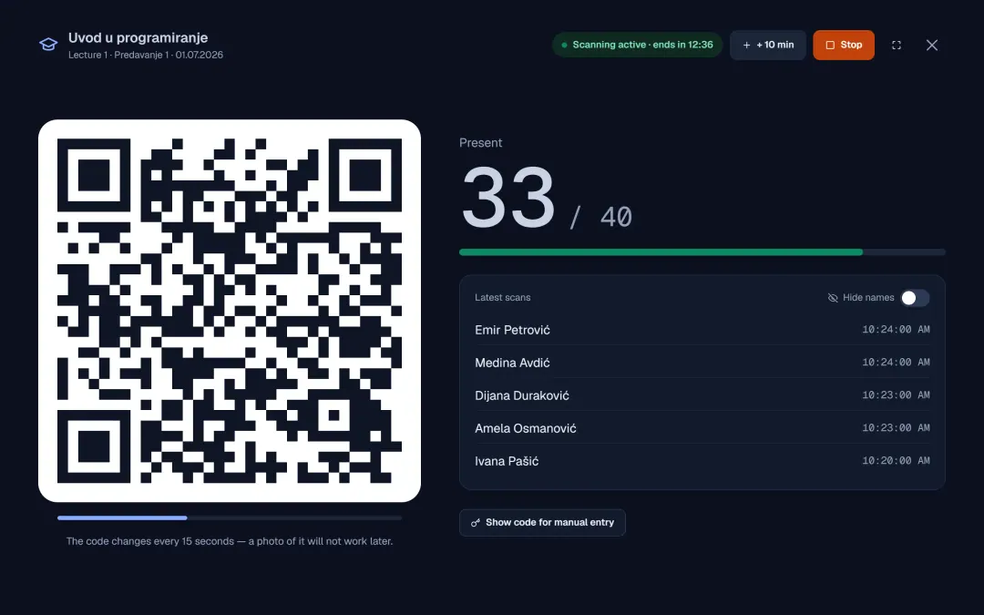 QR-Code der Vorlesung im Vollbild, während der Scan läuft
