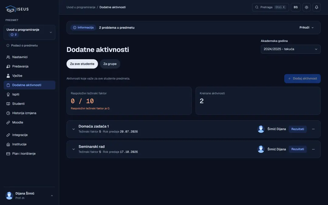 Aktivnosti predmeta s raspoloživim udjelom, rokovima i rezultatima