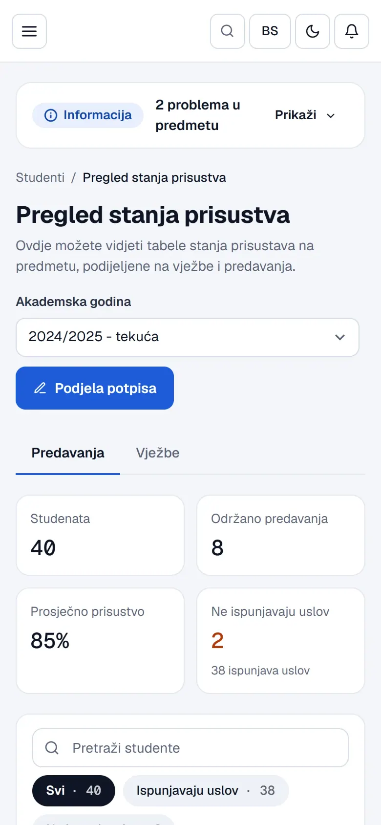 Pregled prisustva s uslovom za potpis po studentu na telefonu