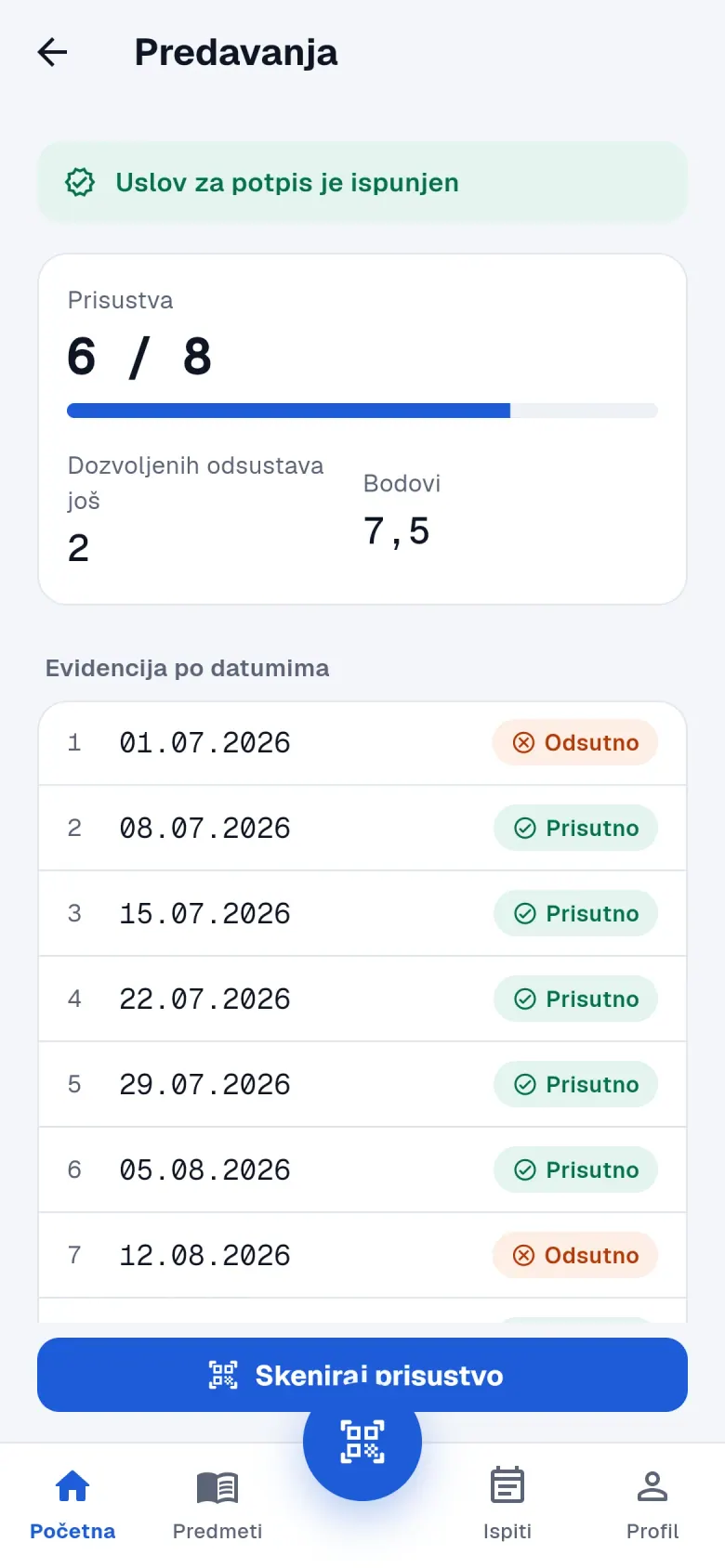 Predavanja i prisustvo u studentskoj aplikaciji