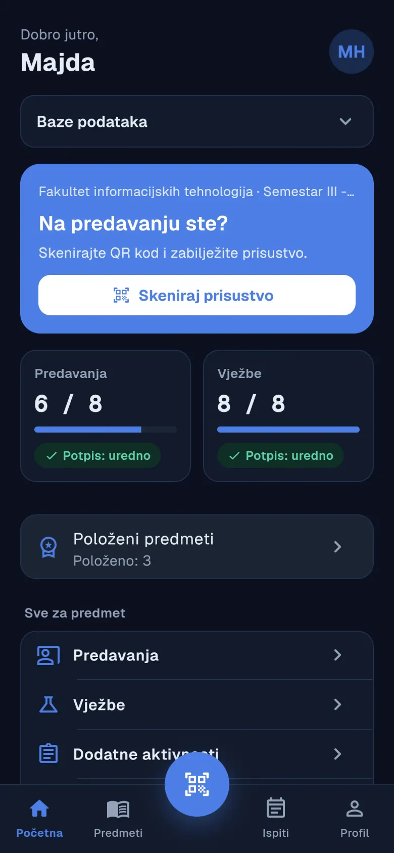 Početni ekran studentske aplikacije s odabranim predmetom